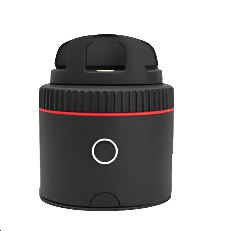 Matte black PIVO facial tracking camera rotating a smartphone on a table.