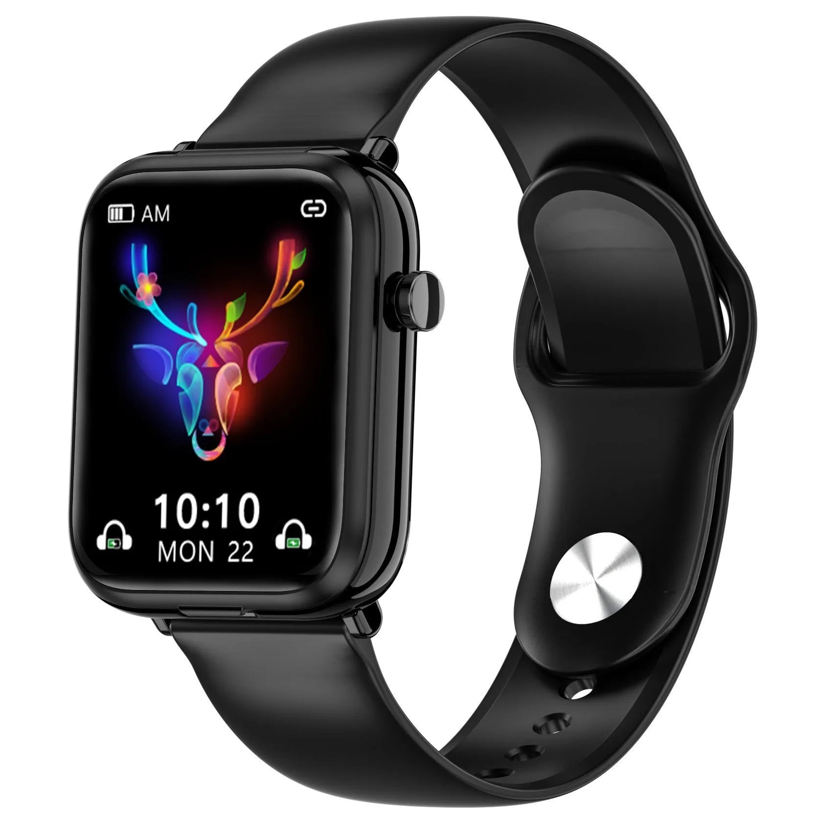 Black all-touch smartwatch with integrated Bluetooth earpieces, showing a 1.69-inch display on a zinc alloy body.