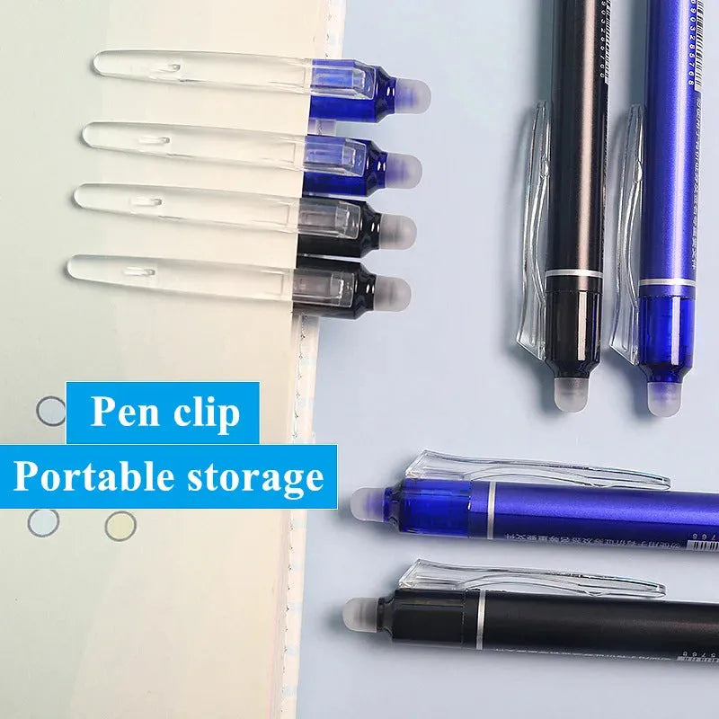 Blue and black hot erasable push gel pen with 0.5mm stainless steel nib for school students.