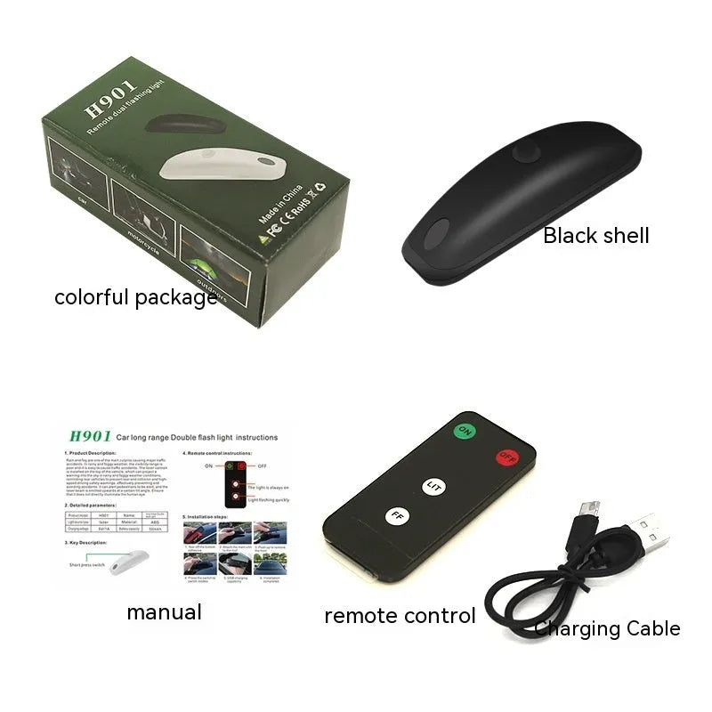 Compact car strobe warning light with remote control on black background