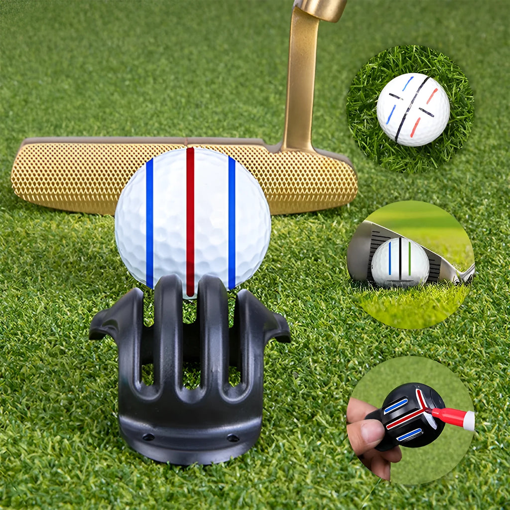 Golf putting alignment tool with 4 scribers and drawing pen on practice green