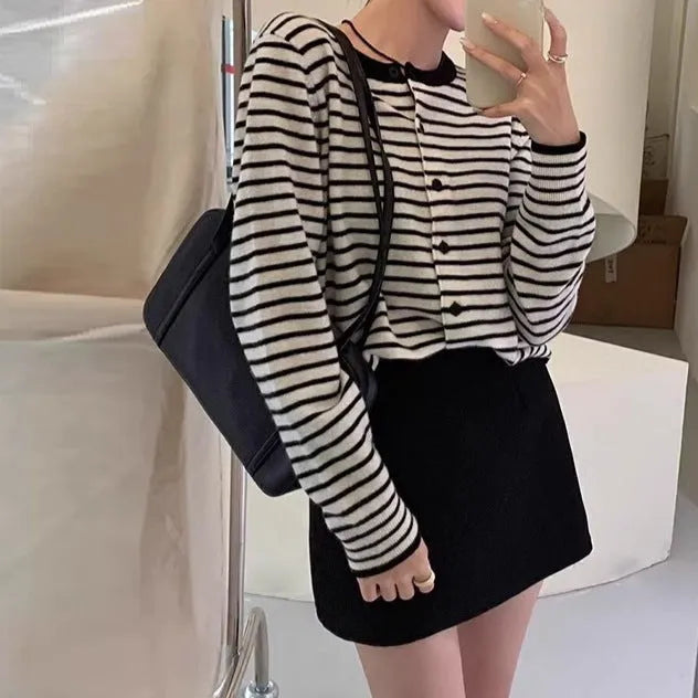 Women's French style slim fit striped cardigan coat with dark grey and white pattern, 40cm length