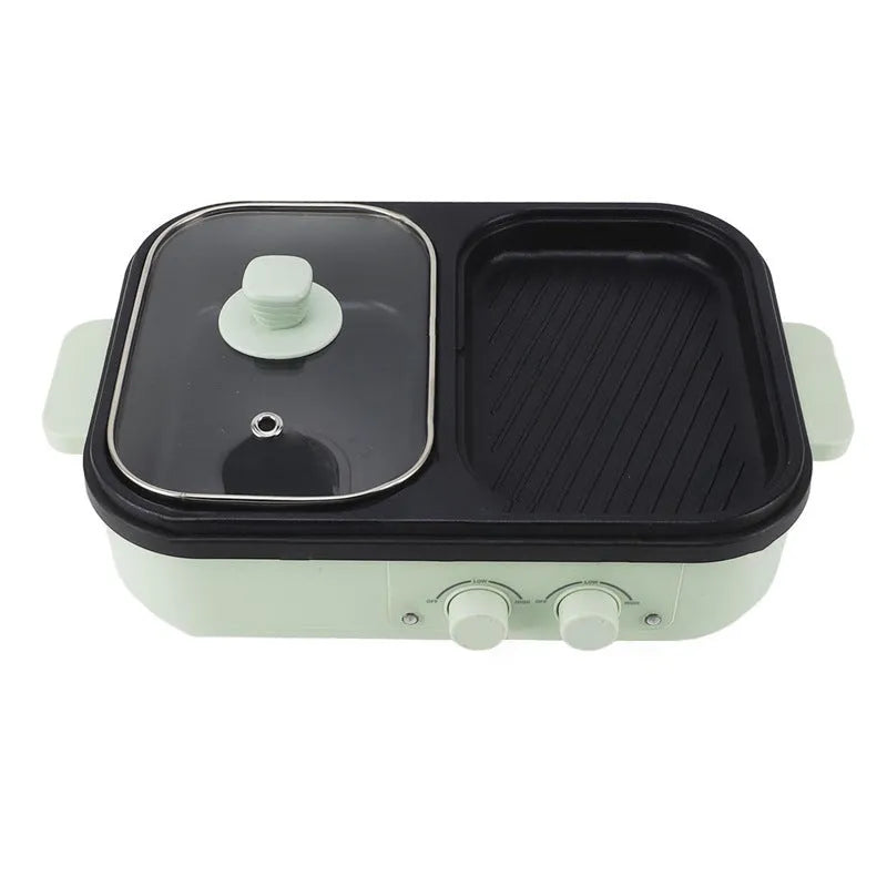 White or green electric hot pot appliance with dual caldron and frying oven functions for 2-3 people
