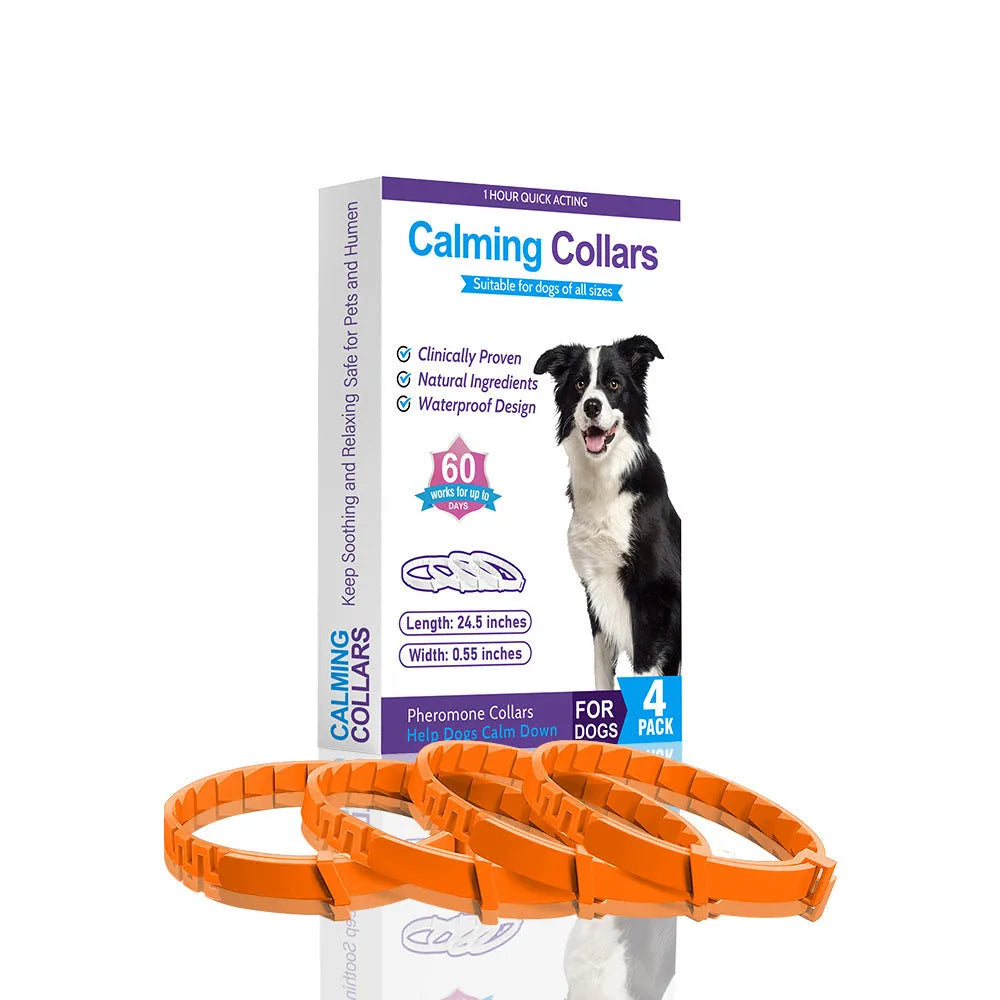 Set of four monochrome TPR dog anxiety soothing collars in Chinese style, 62cm length, available in black, blue, gray, orange, pink, and purple.