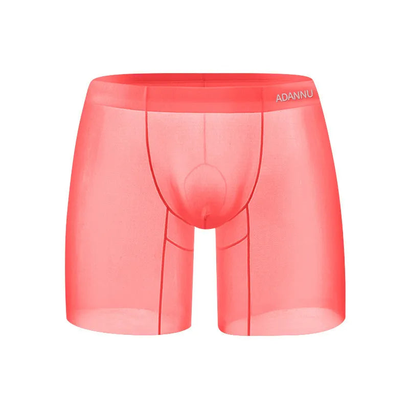 Solid colour men's low waist boxer shorts in ice silk nylon fabric, shown in orange, pink, and red.
