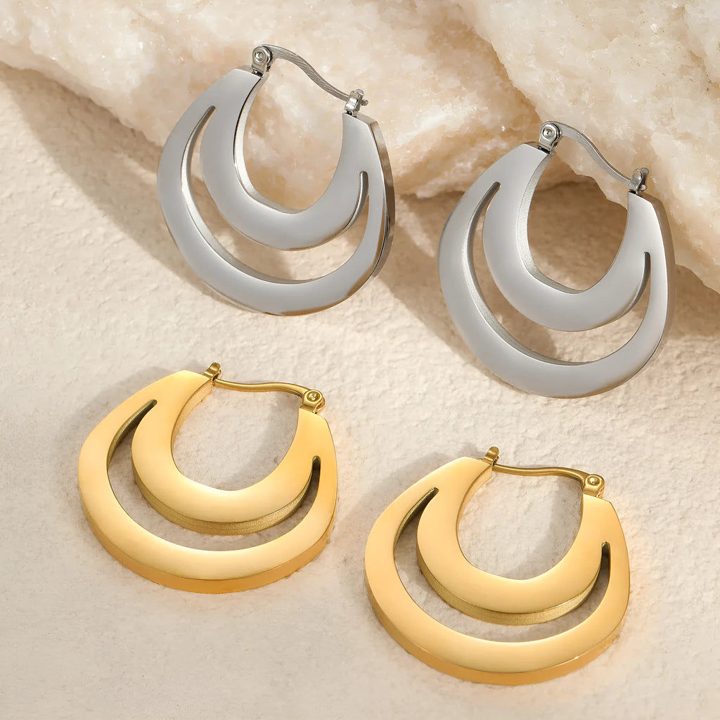 Geometric French earrings with gold plating on stainless steel, round ring design, 18K purity