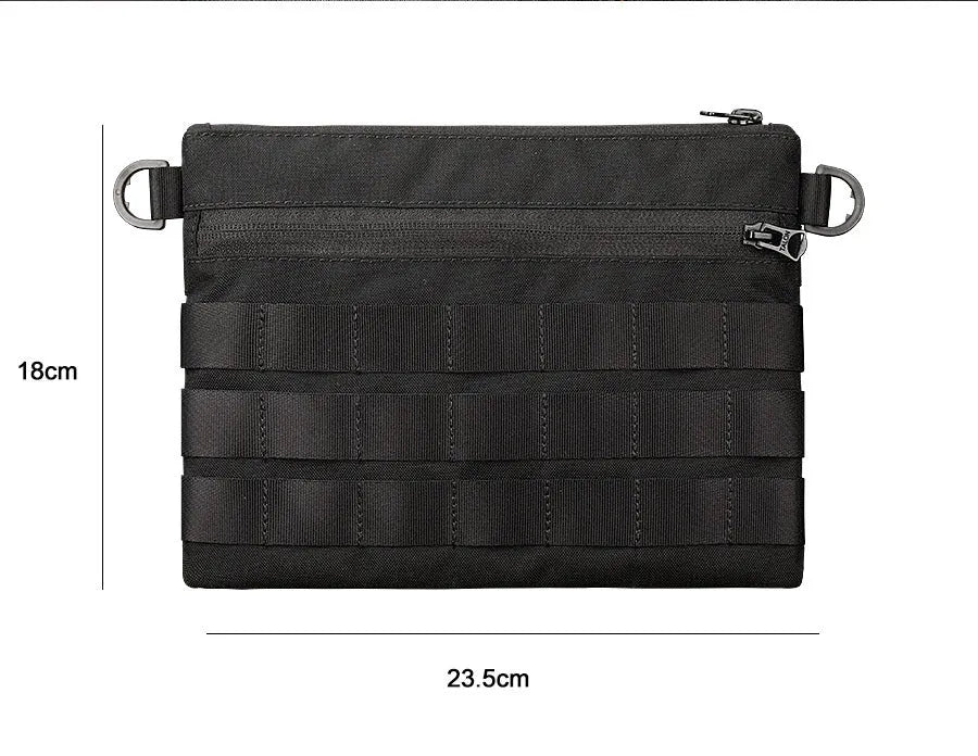 Black Oxford cloth portable outdoor organiser kit measuring 18cm by 3.5cm