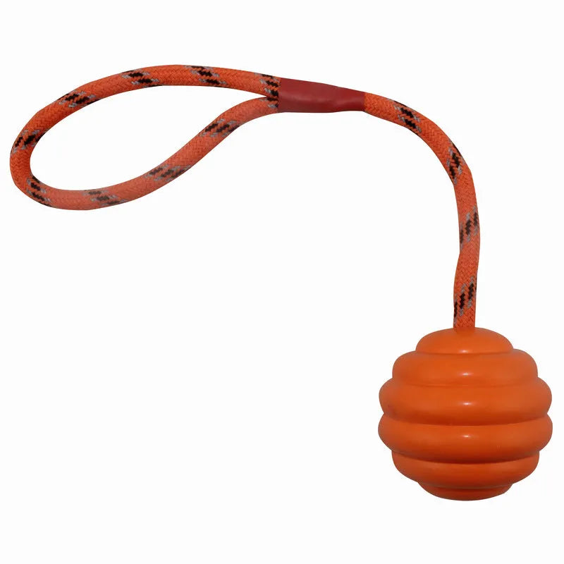 Multi-colour rubber pet ball with rope knot design measuring 6x30cm for dogs and cats