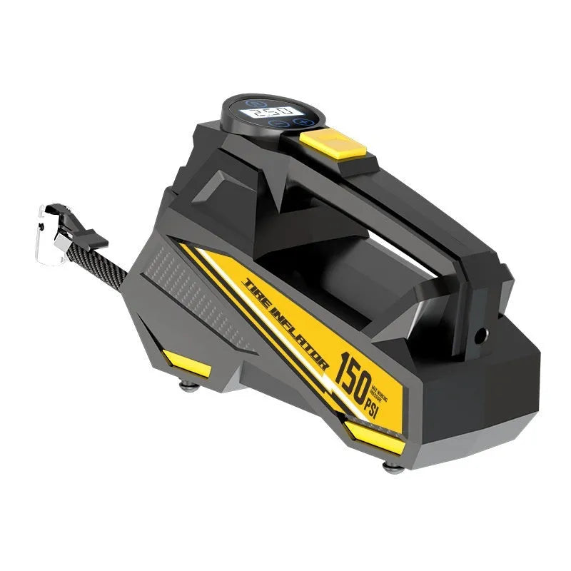 Black portable 12V car tyre inflator with digital display and LED light on hose.