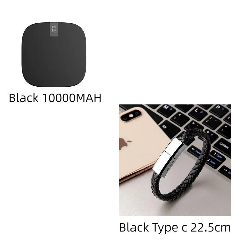 10000mAh mini power bank with LCD display, dual USB ports, and fast input, in red, white, or black.