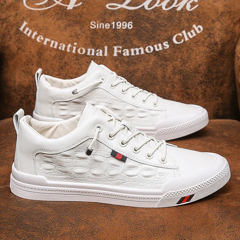 White men's round-toe casual sneakers with lace-up design and flat heel