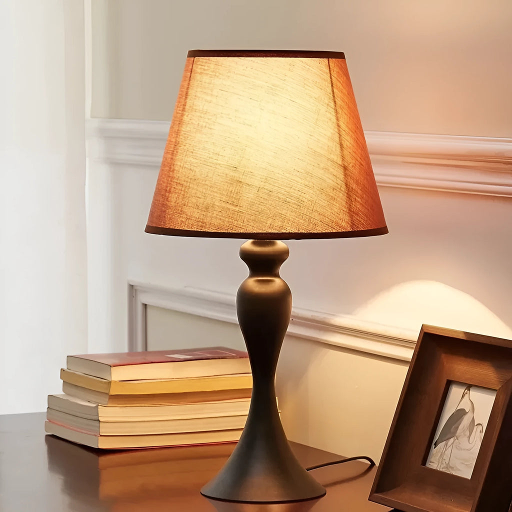 Retro alloy bedside lamp with dimmable LED lights in brown button and speaker style options