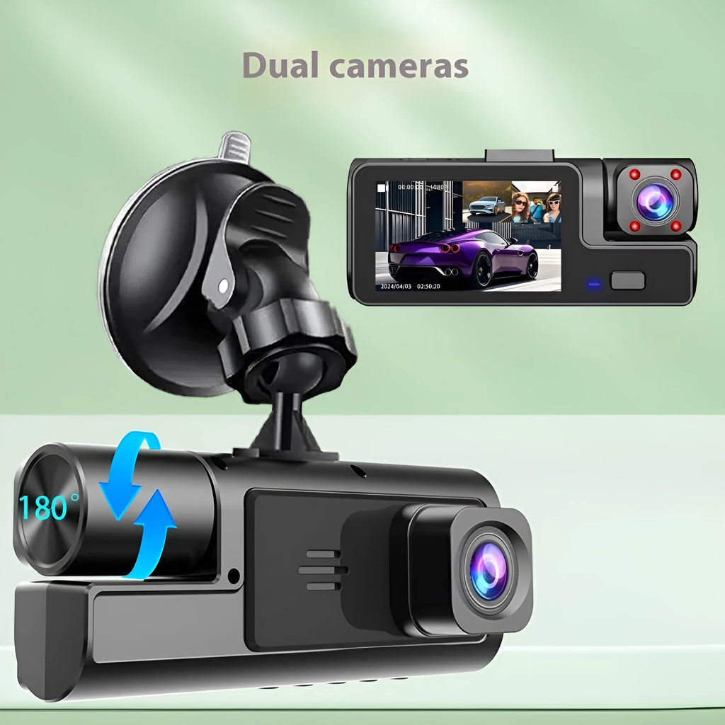 WiFi-enabled car dash cam with 2-inch screen showing on-device display