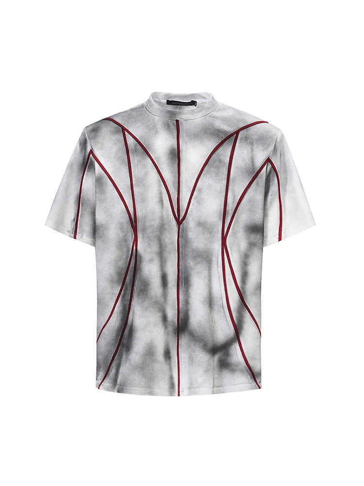 Men's T-shirt with padded shoulders and raised patchwork line detailing on front