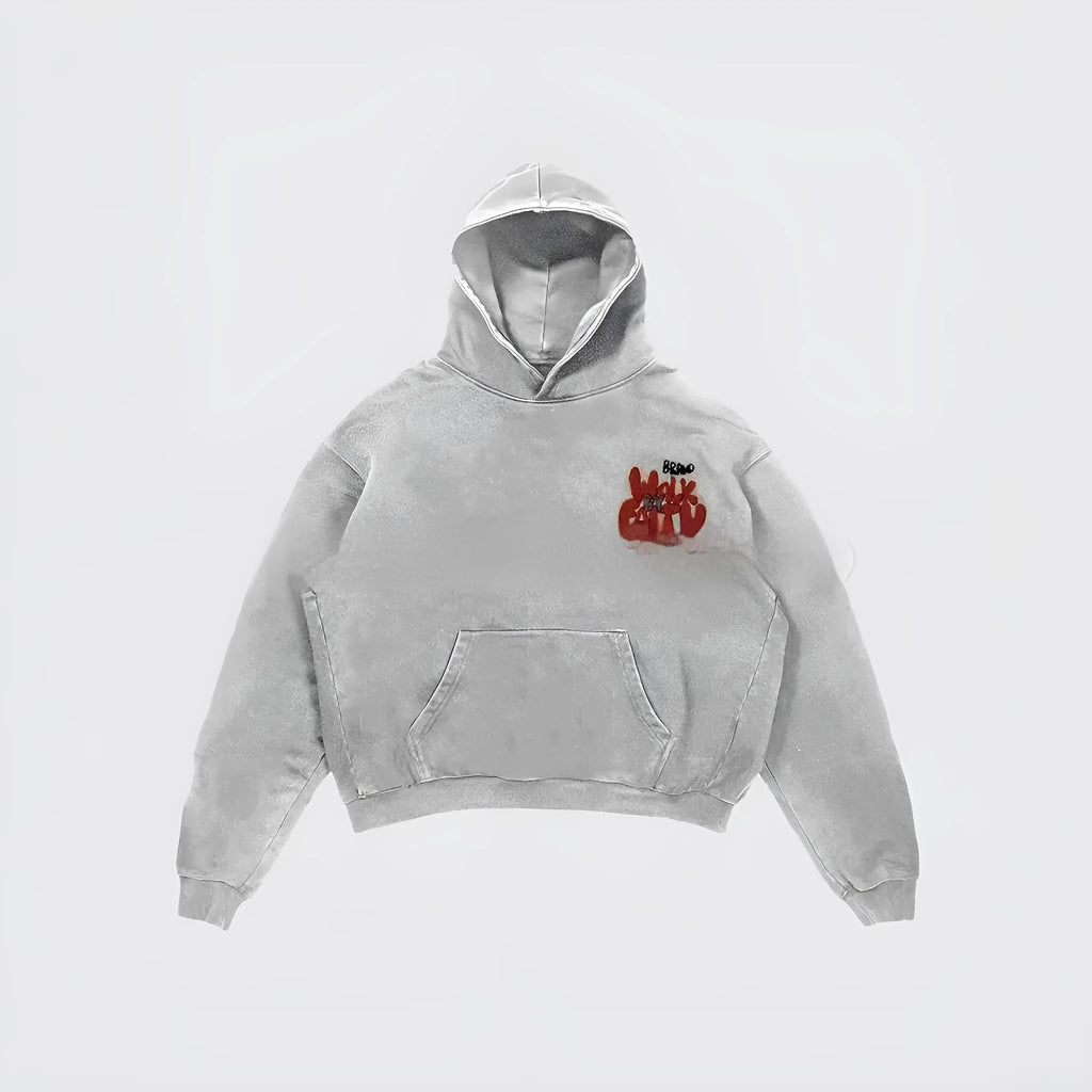 Women's granny grey hoodie with character print, front pocket, and Harajuku vintage streetwear style