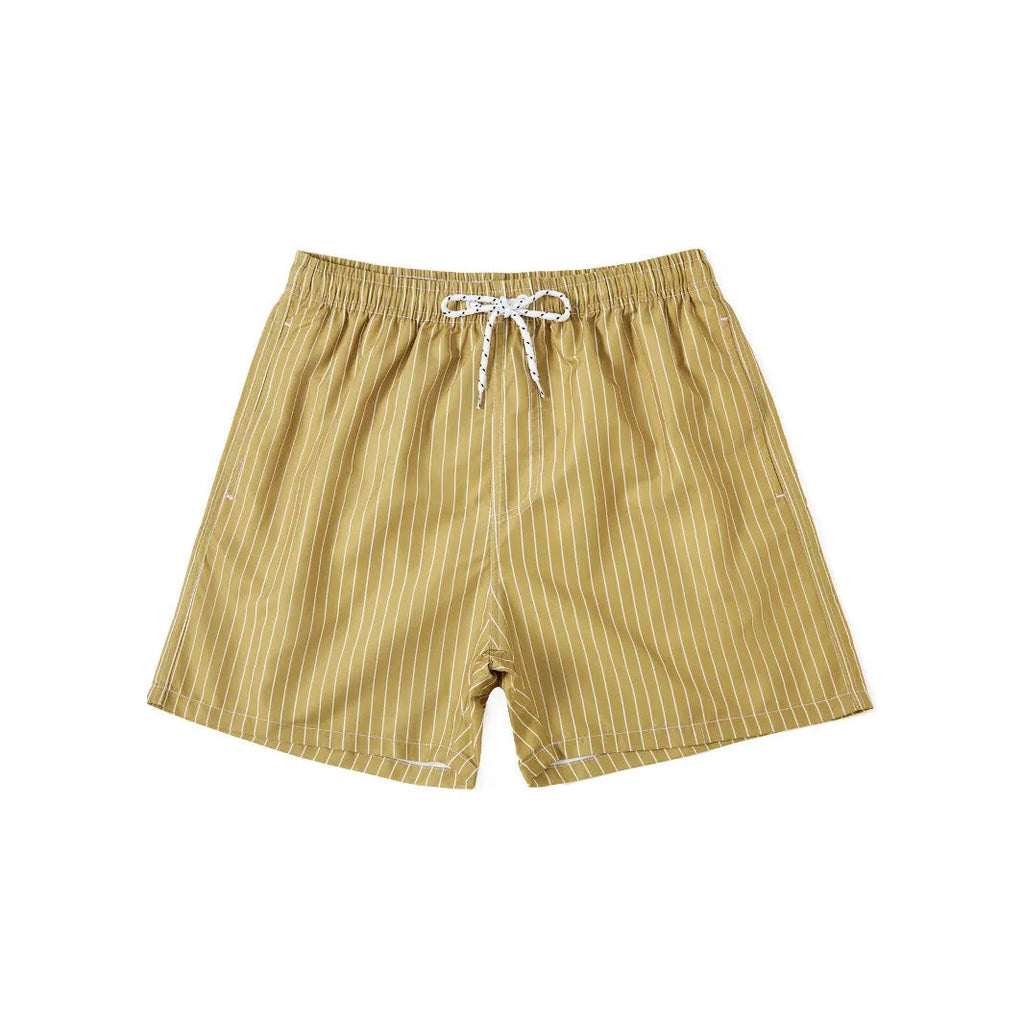 Men's striped polyester beach shorts in grey, shown with a straight leg fit and triangle lining detail.