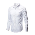 Men's slim fit long sleeve linen shirt in multiple colour options on a hanger.