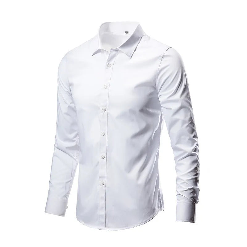 Men's slim fit long sleeve linen shirt in multiple colour options on a hanger.