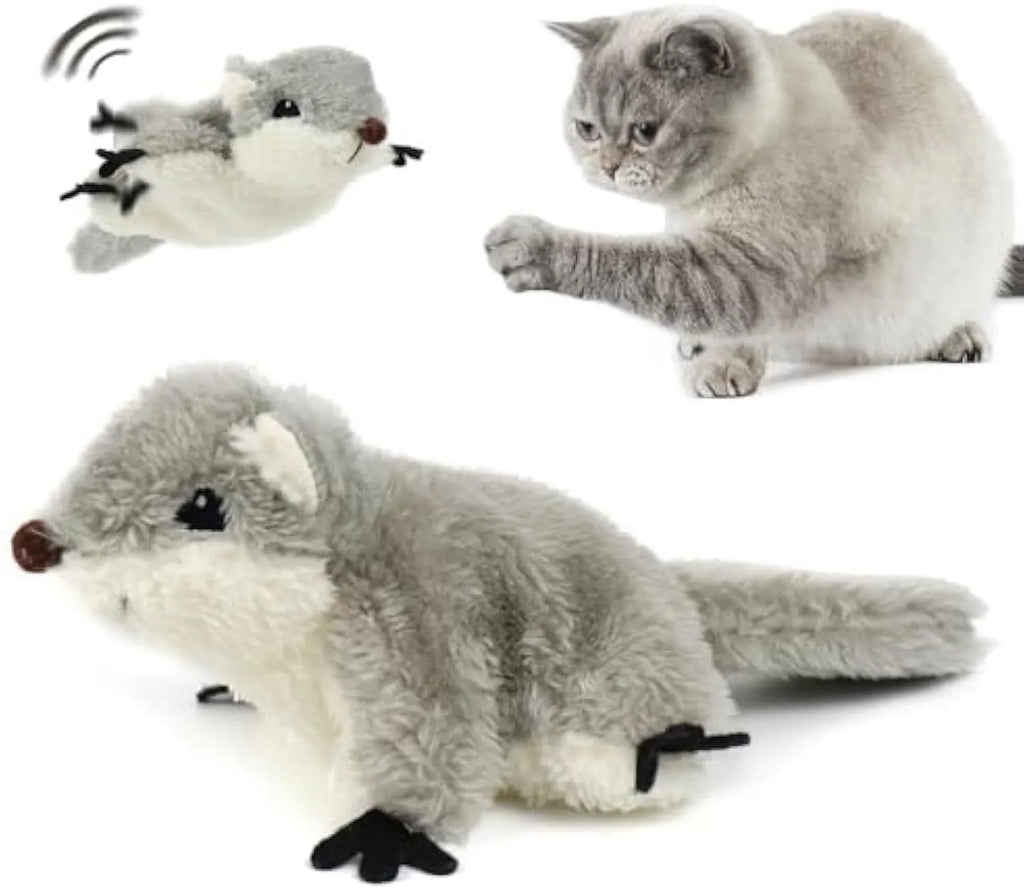 Grey flapping squirrel cat toy with waving wings and realistic sound effects
