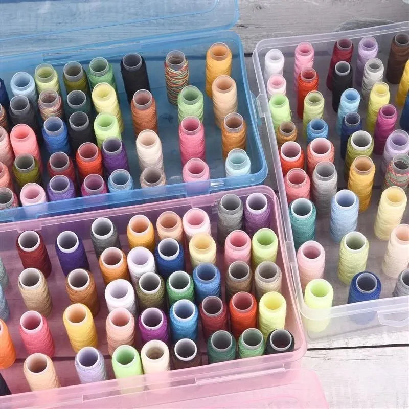 Plastic sewing kit storage box with 42 compartments shown in transparent, pink, and blue colour options.