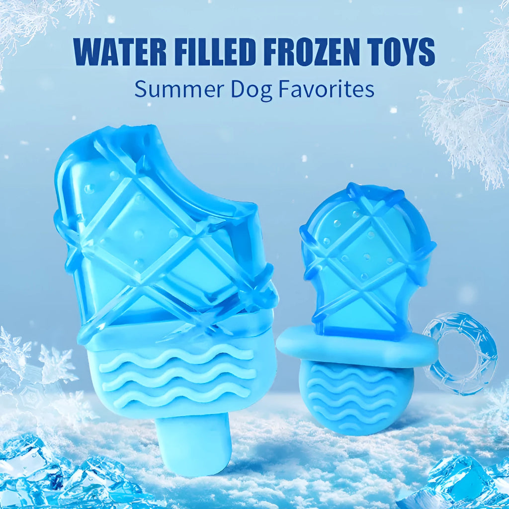Three water filled dog toys: pacifier, popsicle, and ring shapes for cooling and teething