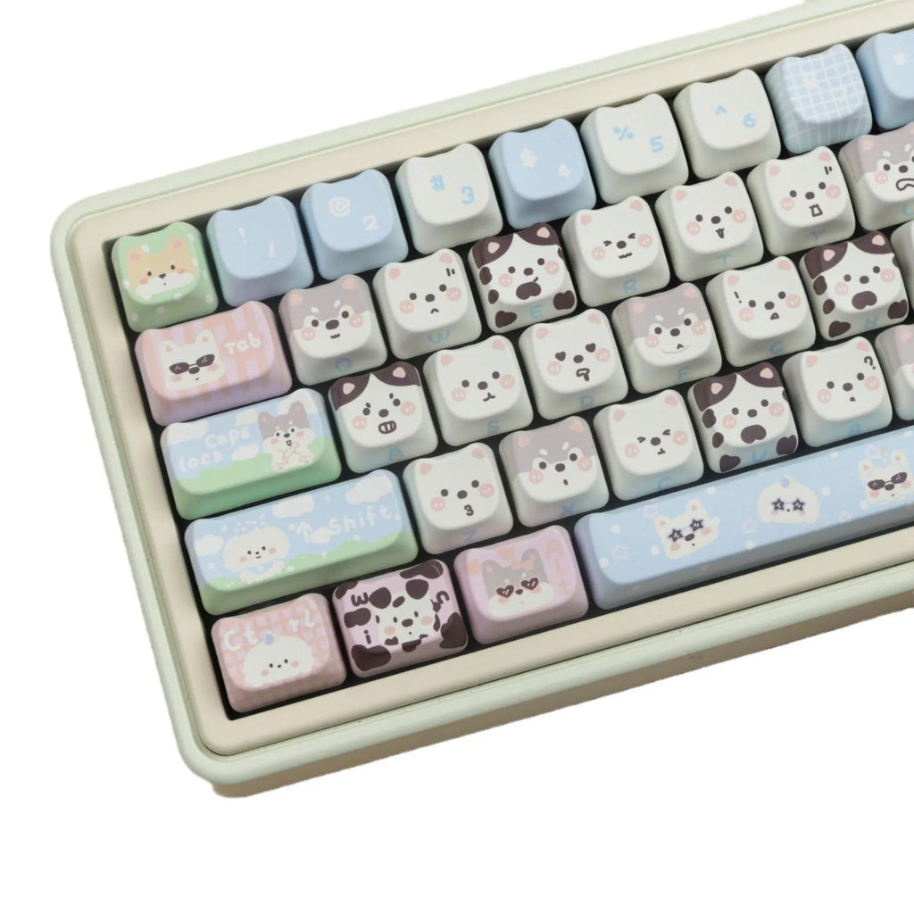 Full set of mechanical keyboard keycaps with colourful cat and puppy sublimation printing on PBT plastic