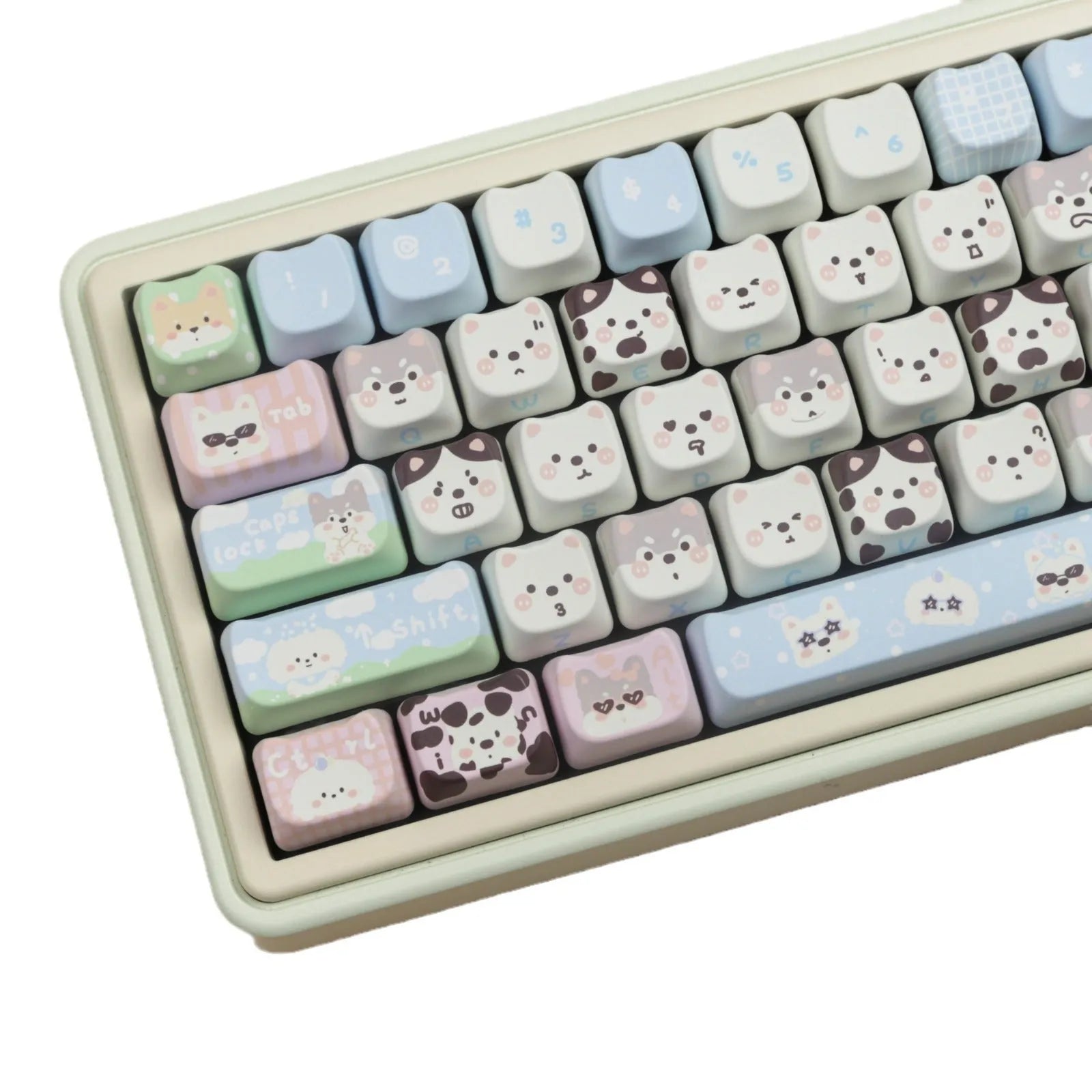 Full set of mechanical keyboard keycaps with colourful cat and puppy sublimation printing on PBT plastic