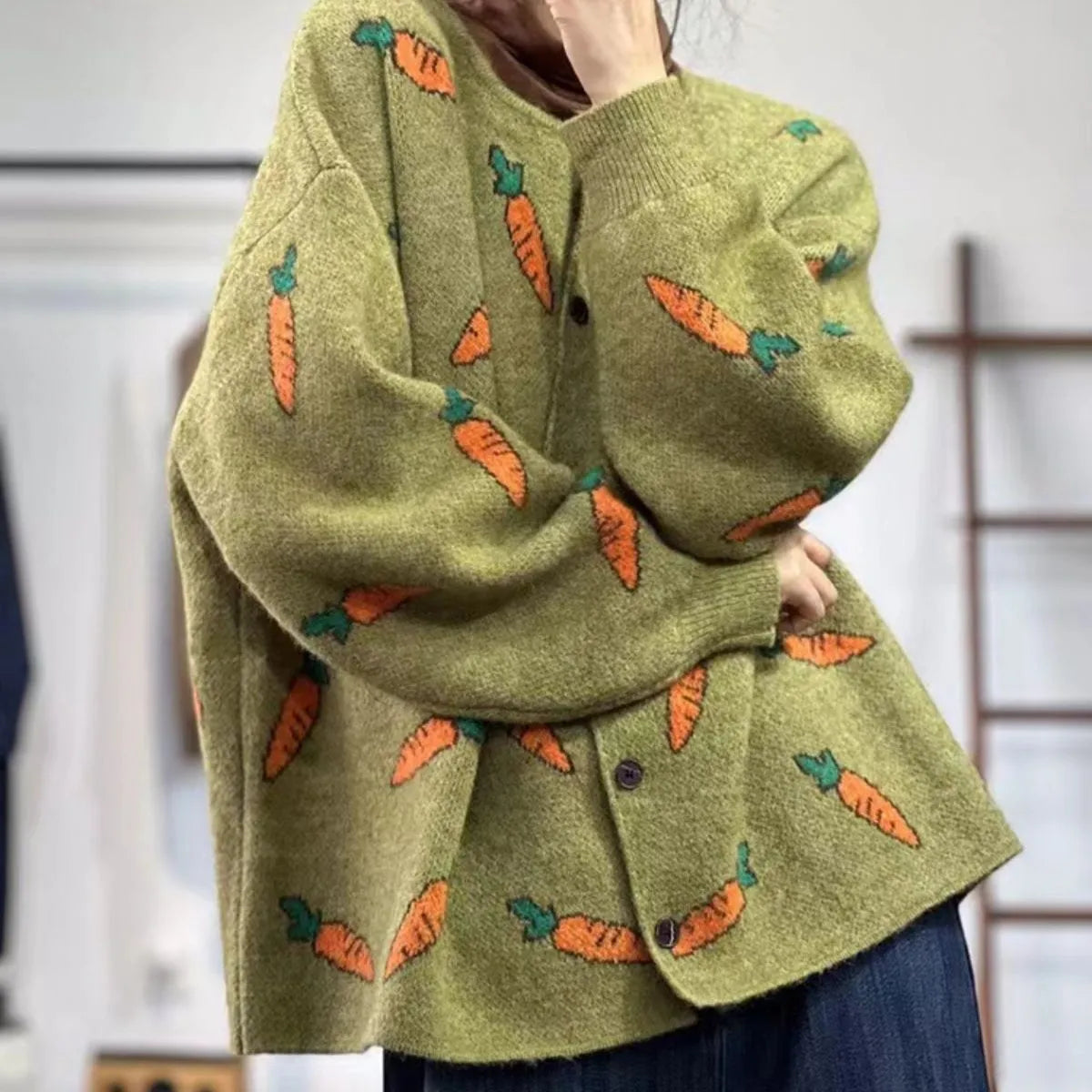 Mori artistic printing loose cardigan sweater with colour contrast design