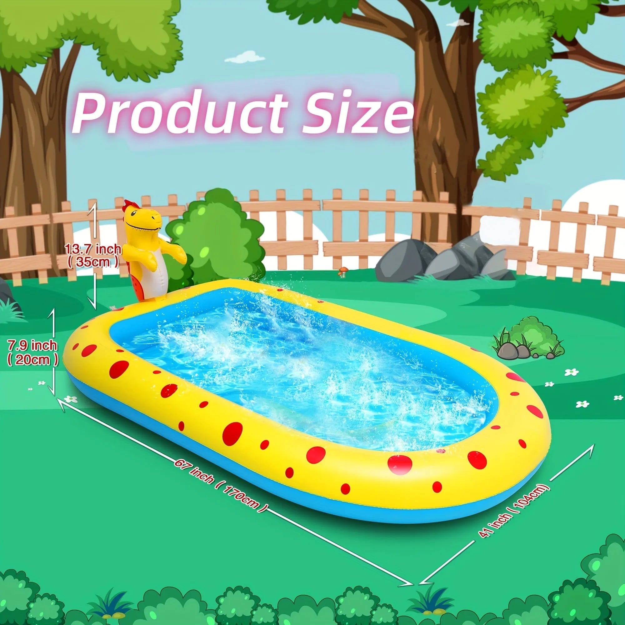 Blue inflatable dinosaur-shaped water pool with shark sprinkler toy for kids