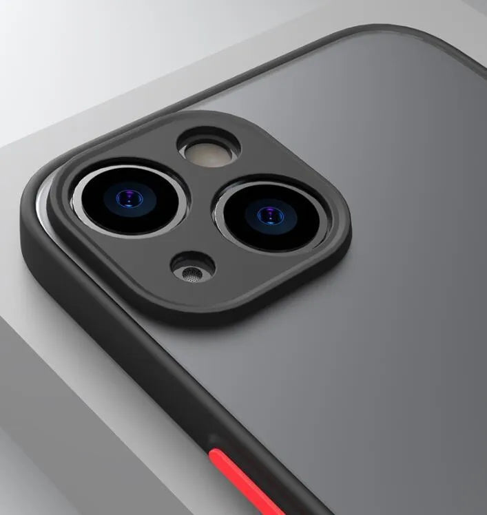 Frosted hard protective iPhone case with fine hole texture and full camera lens cover.