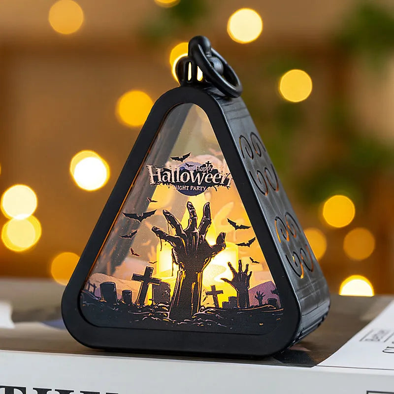 Halloween portable pumpkin lamp decoration in plastic and glass, 11.5cm high.