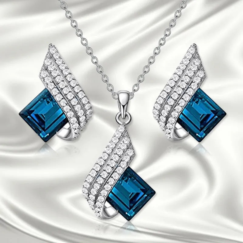 Women's European American style necklace with cross chain design and matching glass pendant earrings