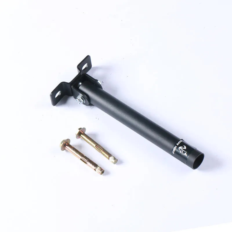 Steel wall-mounted barbell rack holding multiple bars, showing 25-tube capacity