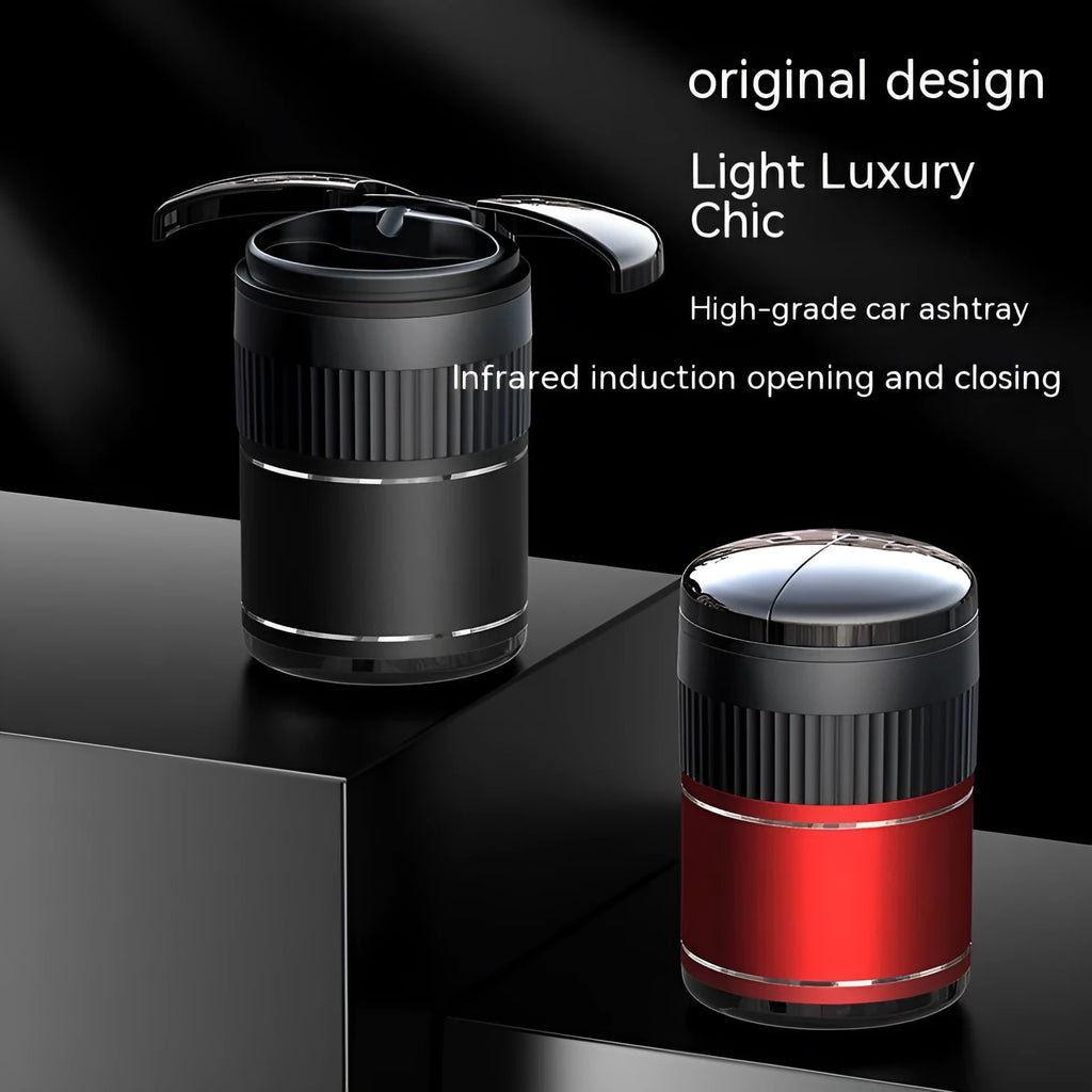 Metal automatic car ashtray with lid in black, showing compact 113mm by 72mm dimensions