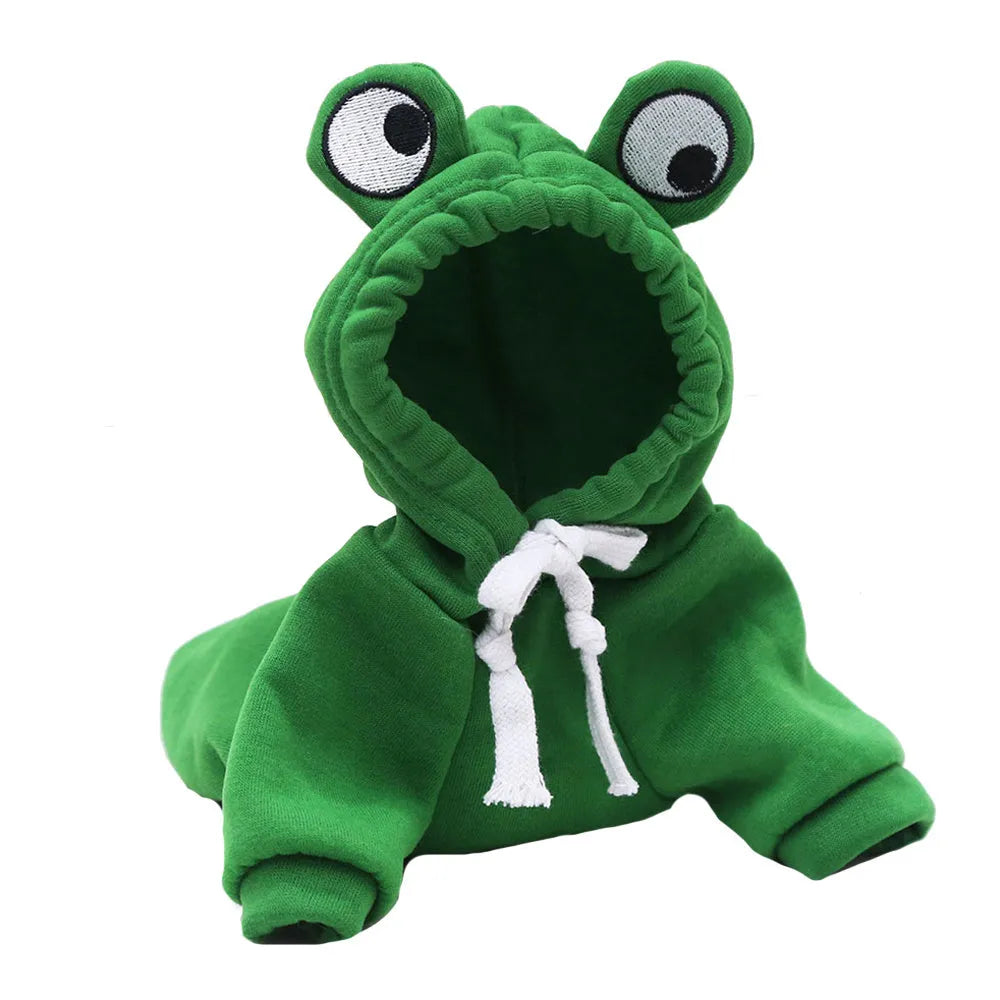 Green frog pattern hoodie on a small dog, showing hood and soft material, for Halloween cosplay.