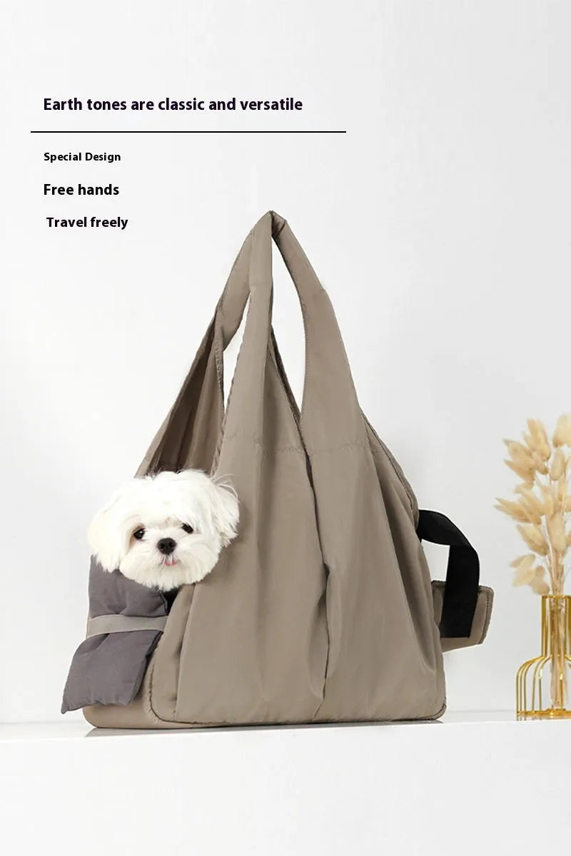 Apricot cloth pet carrier handbag showing 41x16x28cm dimensions and carrying handles