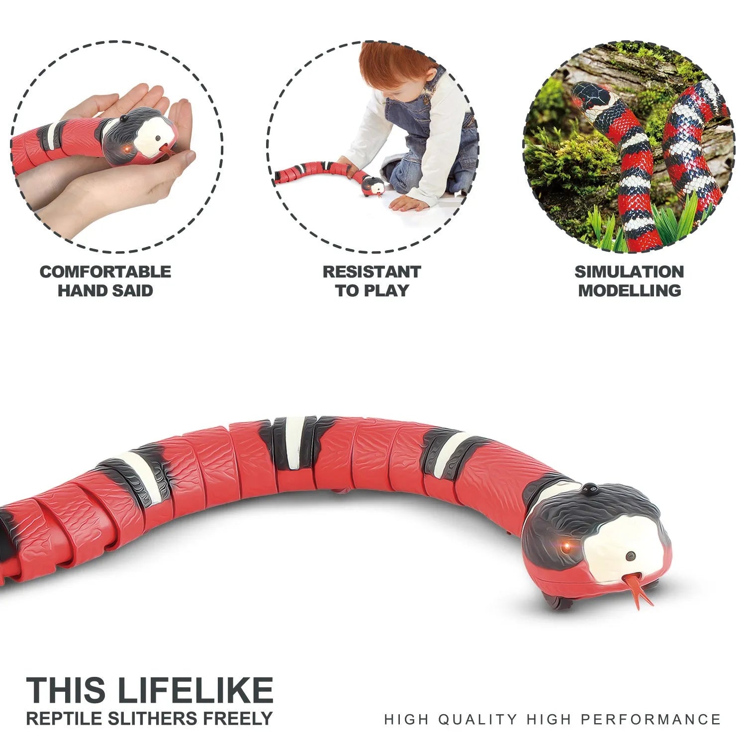Smart sensing interactive snake cat toy with segmented plastic body and USB charging port