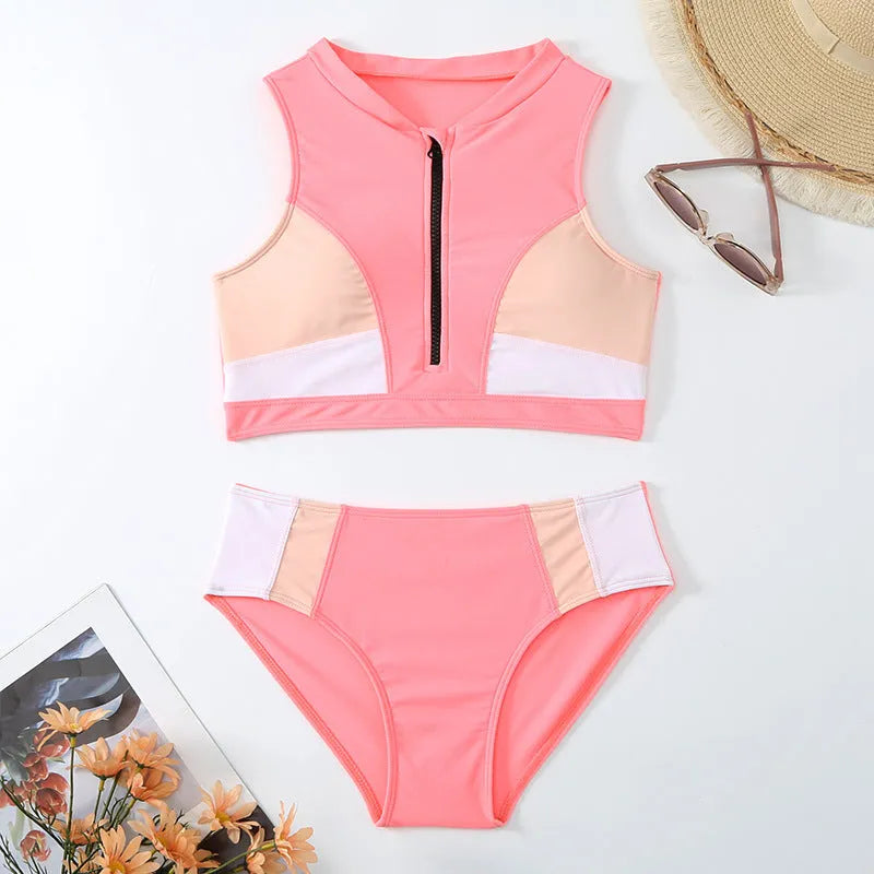 Pink high waist split bikini swimsuit with seamless briefs design on mannequin