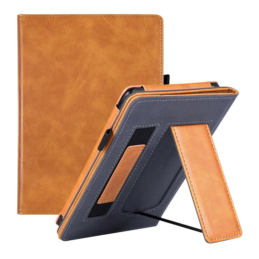 Kindle Paperwhite leather case with wrist splint bracket attached, showing calf leather exterior and microfiber interior