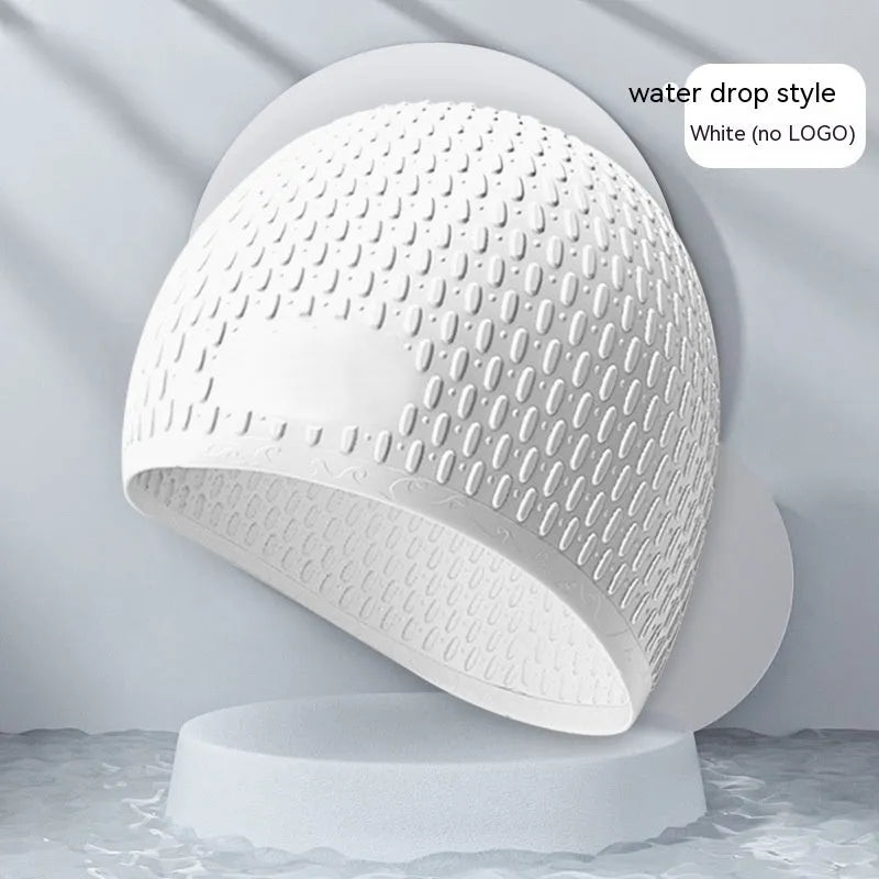 Silicone water drop style swimming cap for adults in various solid colours