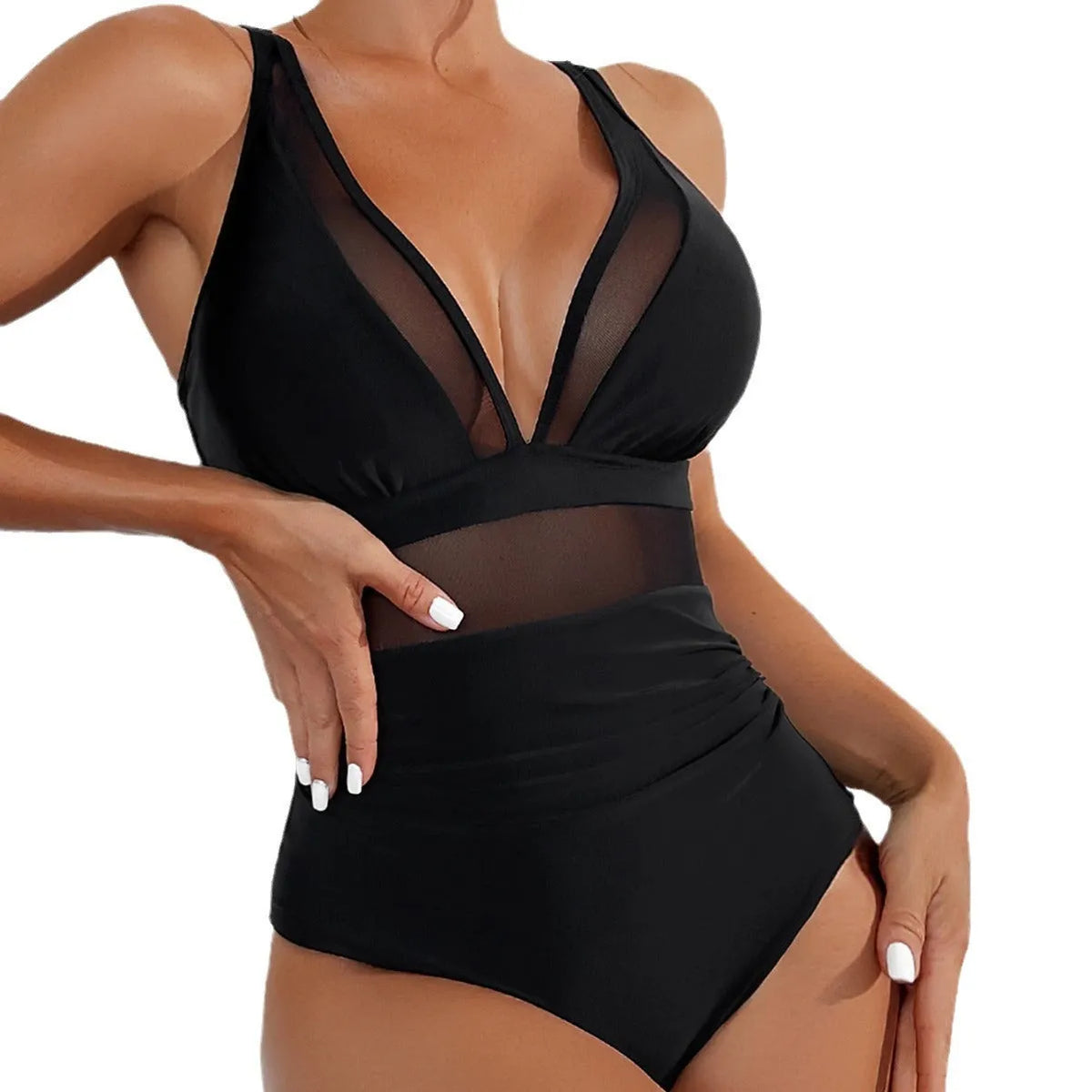 Black women's halter neck one-piece swimsuit with mesh panels and briefs style bottom.