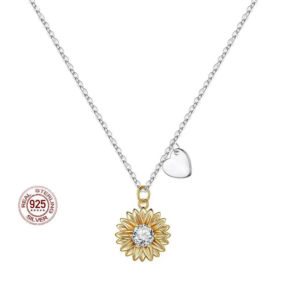 925 silver sunflower necklace with geometric pendant and cross chain, adjustable length