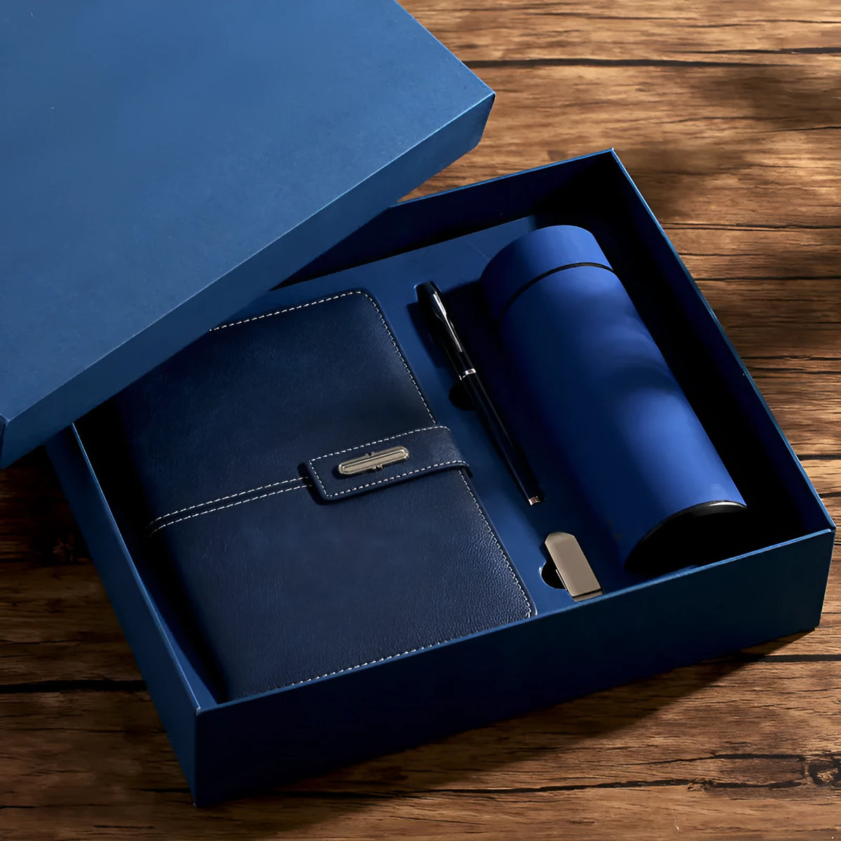 A5 notebook with a PU leather cover, open to show wood-free paper pages.