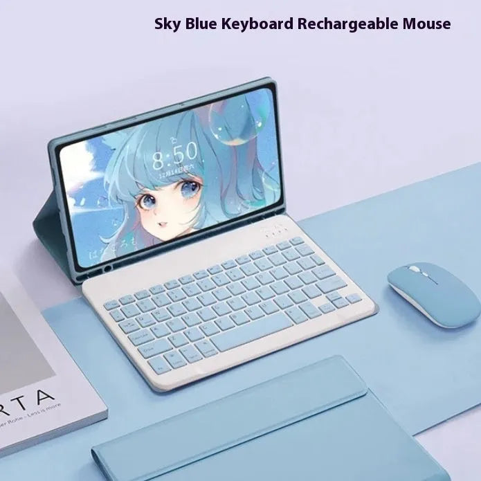 Bluetooth keyboard and charging mouse inside a soft TPU leather-look case for Samsung tablet