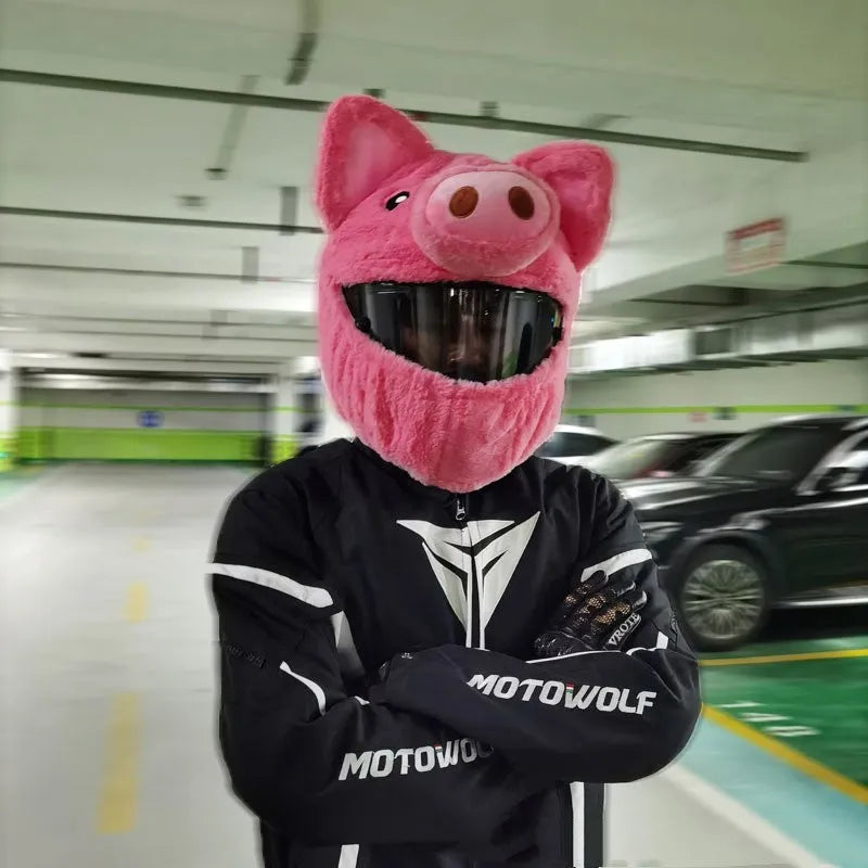 Pink cartoon pig design plush protective hood for motorcycle helmets