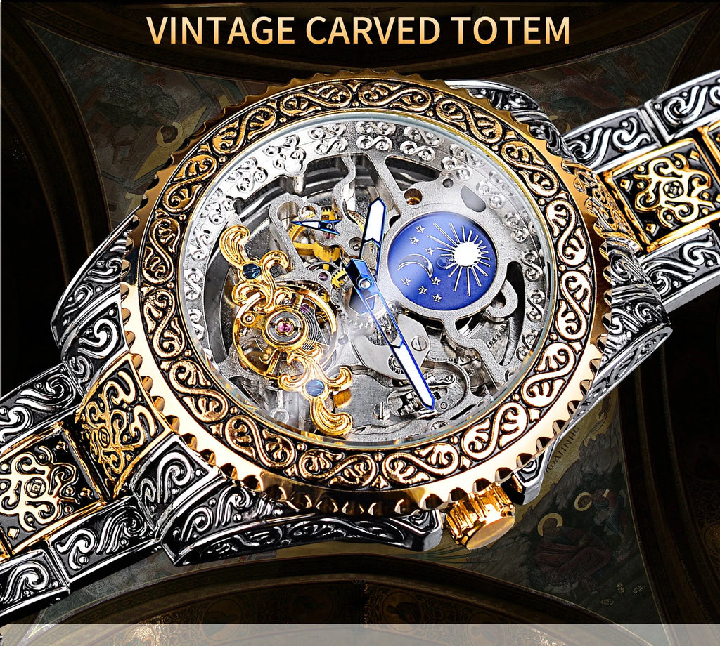 Forsining yellow gold skeleton tourbillon automatic watch with 44mm stainless steel case