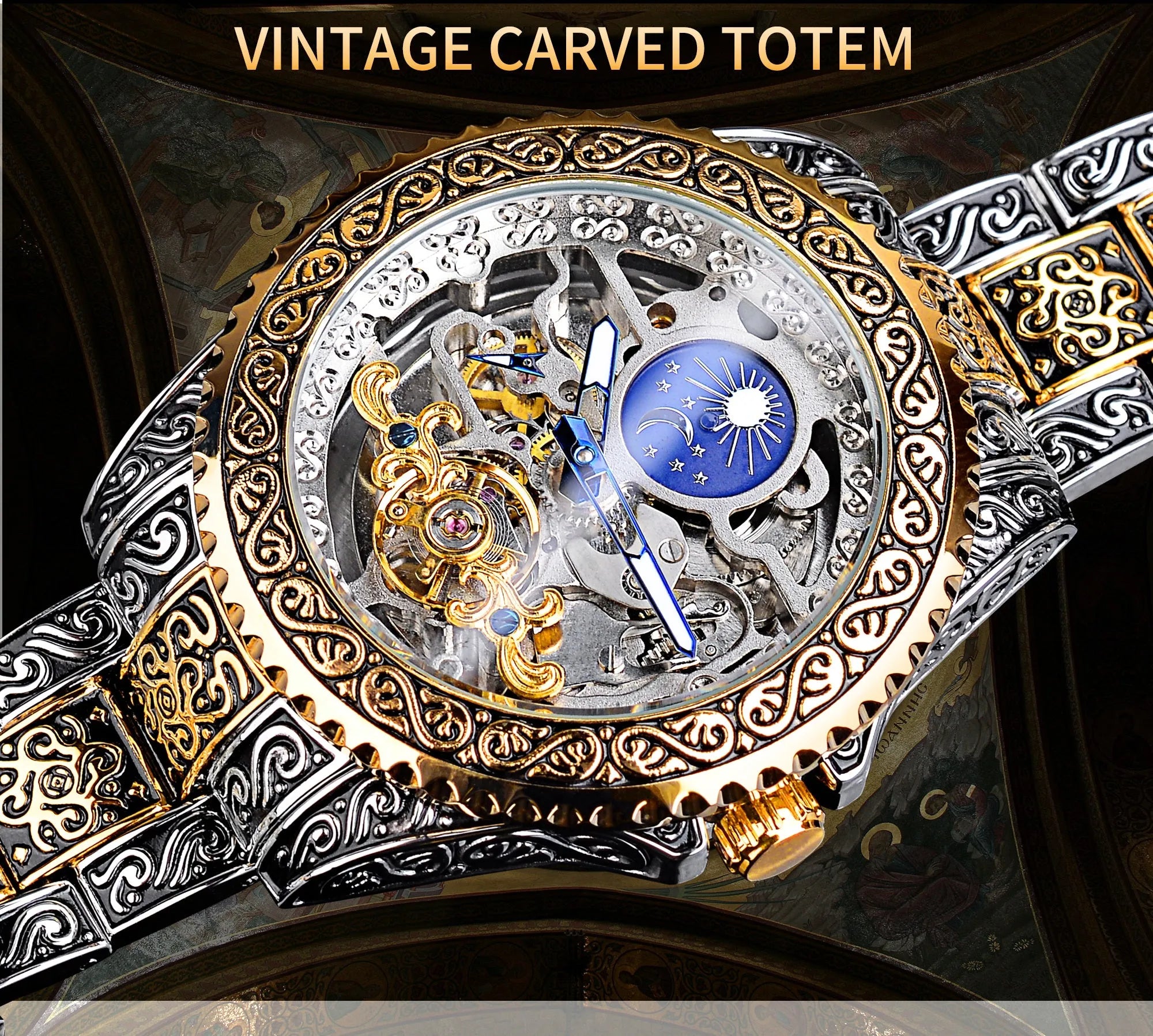 Forsining yellow gold skeleton tourbillon automatic watch with 44mm stainless steel case