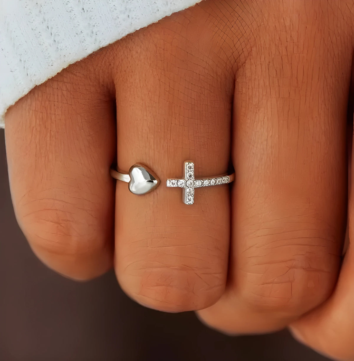 S925 sterling silver love cross open ring for women in white gold or rose gold colour with adjustable band