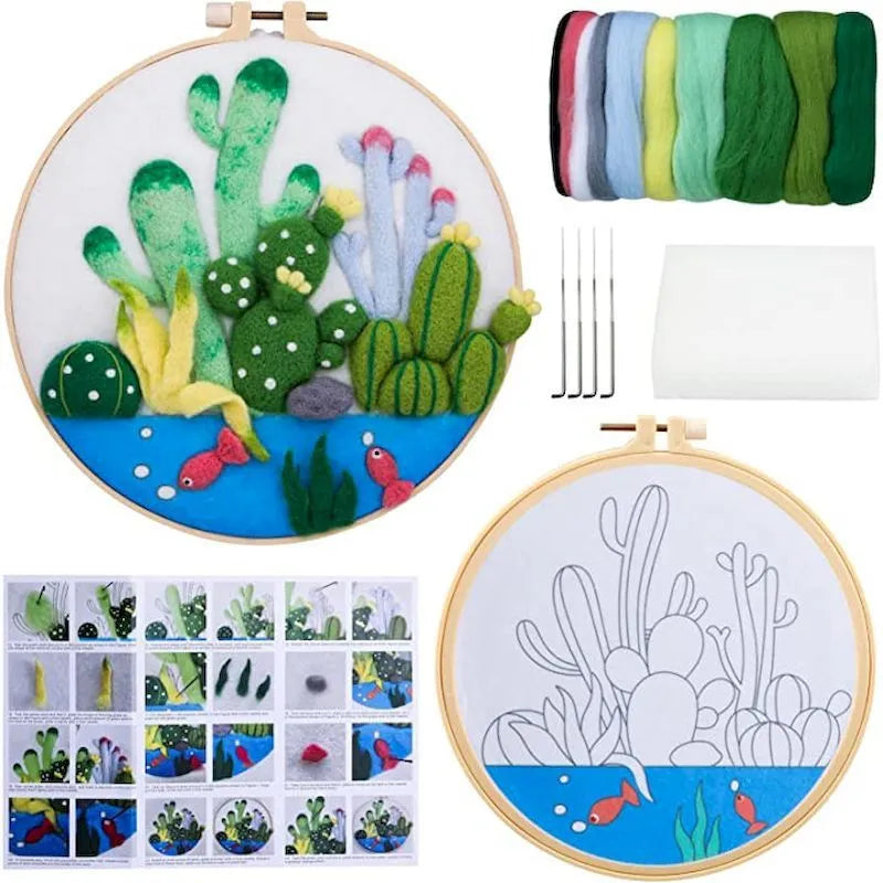 Round embroidery kit with wool felt floral components and 20x20cm linen frame