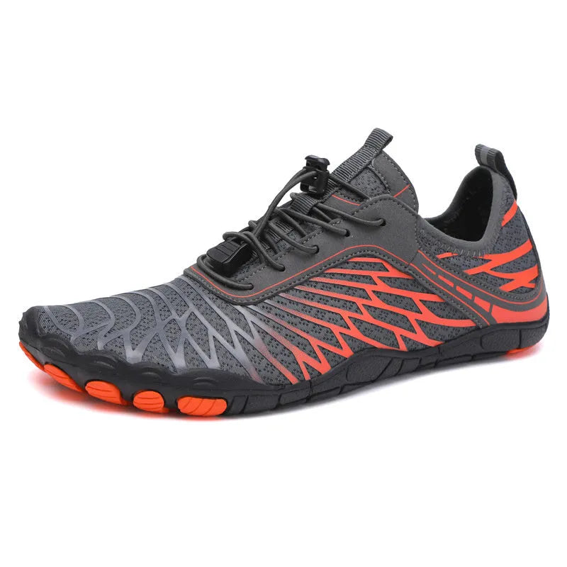 White, black, pink, ash orange, and black blue lace-up casual sports shoes with a rubber sole.